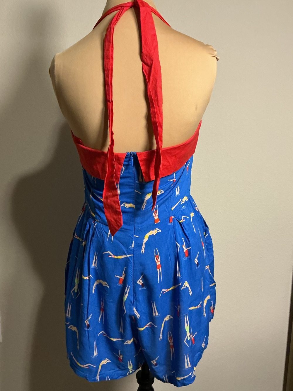 Blue Retro Swimsuit Romper with Red Halter Top - Picture 4 of 9